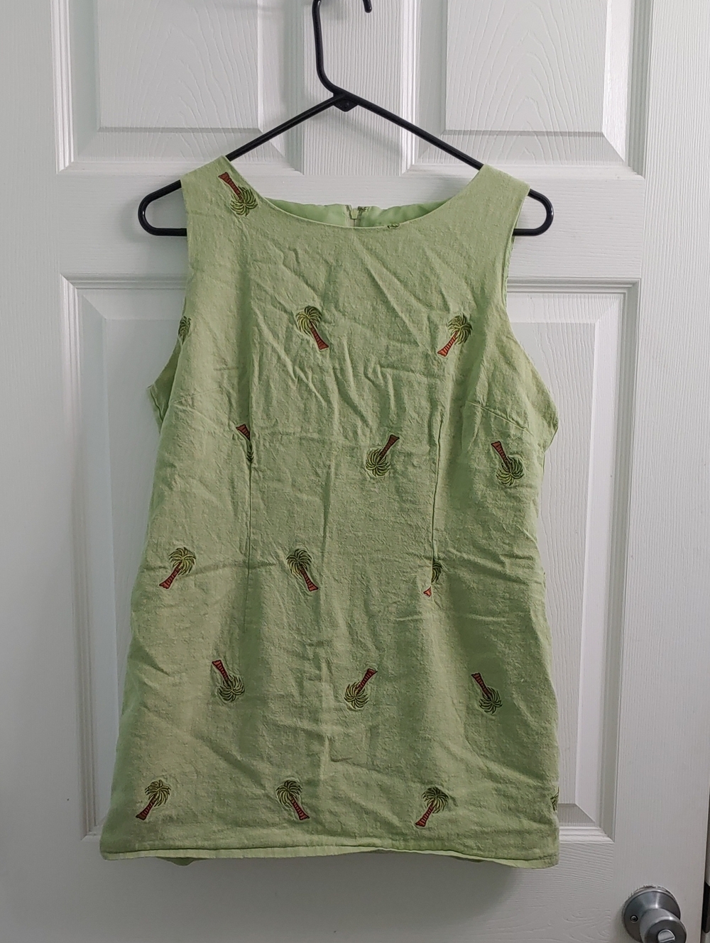 Vintage Y2K Plaza South Dress Womens 10P Green Linen Embroidered Palm Tree Mini